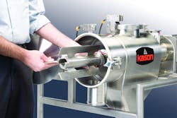 Opening a hinged door at the discharge end of the screening chamber of Kason’s centrifugal sifter allows the retainer plate, screen cylinder and helical paddle/feed screw assembly to be removed quickly and easily. Opening a hinged door at the discharge end of the screening chamber of Kason’s centrifugal sifter allows the retainer plate, screen cylinder and helical paddle/feed screw assembly to be removed quickly and easily.