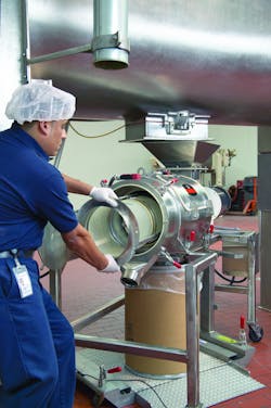 An operator opens the Kason CENTRI-SIFTER’s hinged-end cover and removes the screen cylinder and paddle assembly. The three-bearing cantilevered shaft enables rapid screen changes and cleaning. An operator opens the Kason CENTRI-SIFTER’s hinged-end cover and removes the screen cylinder and paddle assembly. The three-bearing cantilevered shaft enables rapid screen changes and cleaning.