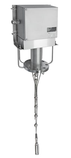 Figure 6: Multiple thermocouple or RTD sensors fitted to a metal rope, and connected to a multipoint temperature transmitter, can be used to monitor the temperature profile within a vessel. Figure 6: Multiple thermocouple or RTD sensors fitted to a metal rope, and connected to a multipoint temperature transmitter, can be used to monitor the temperature profile within a vessel.