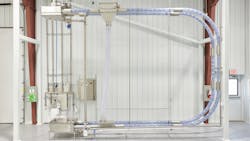 Tubular cable conveyors move product through a sealed tube using a coated, flexible stainless-steel drag cable pulled through on a loop. Solid circular discs are attached to the cable, which push the product at low speed through the tube without the use of air, preserving product integrity and minimizing waste. Tubular cable conveyors move product through a sealed tube using a coated, flexible stainless-steel drag cable pulled through on a loop. Solid circular discs are attached to the cable, which push the product at low speed through the tube without the use of air, preserving product integrity and minimizing waste.