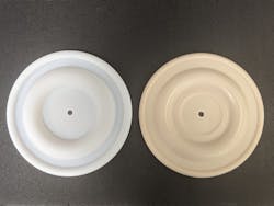 PTFE (left) and Santoprene (right) diaphragms. PTFE (left) and Santoprene (right) diaphragms.