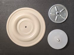 A Santoprene diaphragm with metal inner plate and outer plastic plate. A Santoprene diaphragm with metal inner plate and outer plastic plate.