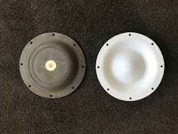 Front and back view of a single piece PTFE diaphragm (diaphragm & plate). Front and back view of a single piece PTFE diaphragm (diaphragm & plate).