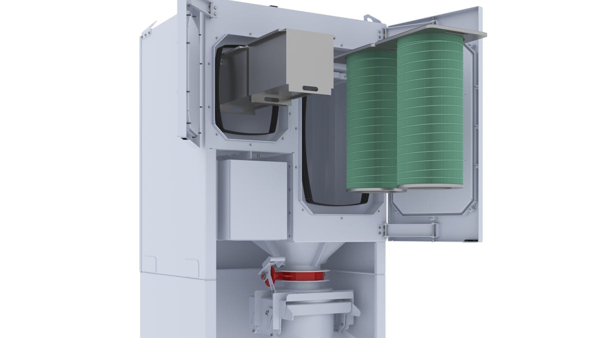 Figure 1: A compact industrial dust collector with integrated filters for continuous solid dose manufacturing processes.