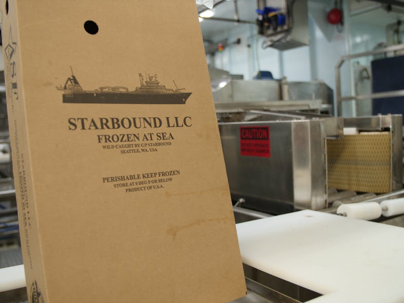 The fishing vessel Starbound is a 300-foot, 1,042-ton catcher/processor that harvests Alaska Pollock in the Bering Sea and processes it on board into boneless-skinless filets, mince and surimi.