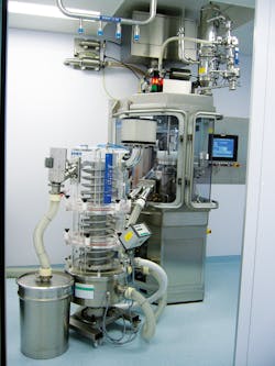 Figure 1: An INEX pneumatic vacuum conveying system from Volkmann automatically transfers powders to a tablet press under an inert atmosphere. This system earned ATEX certification by eliminating the potential for ignition and avoiding explosions. Figure 1: An INEX pneumatic vacuum conveying system from Volkmann automatically transfers powders to a tablet press under an inert atmosphere. This system earned ATEX certification by eliminating the potential for ignition and avoiding explosions.