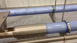 Figure 3: Because tubular cable conveyors are enclosed, systems like Cablevey Conveyors’ can be quickly and effectively flooded with water, flushed, rinsed, cleansed and thoroughly sanitized without disassembly. Figure 3: Because tubular cable conveyors are enclosed, systems like Cablevey Conveyors’ can be quickly and effectively flooded with water, flushed, rinsed, cleansed and thoroughly sanitized without disassembly.
