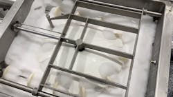 Figure 4: Cablevey Conveyors’ wet cleaning process internally cleans in several steps starting with a water rinse followed by foaming agent, a sanitizing rinse, and a final water rinse. Figure 4: Cablevey Conveyors’ wet cleaning process internally cleans in several steps starting with a water rinse followed by foaming agent, a sanitizing rinse, and a final water rinse.