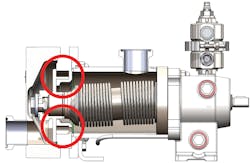 Figure 4: When the transmission is at atmospheric pressure, the pump’s disc remains in contact with the cylinder. Figure 4: When the transmission is at atmospheric pressure, the pump’s disc remains in contact with the cylinder.