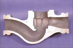 Figure 1: Erosion occurs when a fluid with abrasive particles impinges on a part, such as with this valve body where the combined effects of erosion and corrosion wore away material where the process fluid exited the cage windows.
