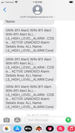 A screenshot of SMS text notification that, when used with WIN-911 Advanced, allows for acknowledgement back to the GE iFIX SCADA system.