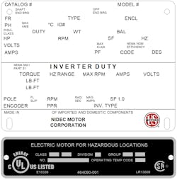 Figure 2: Example of an inverter duty motor nameplate template that Nidec uses at manufacture to fill in specifications such as speed range. Figure 2: Example of an inverter duty motor nameplate template that Nidec uses at manufacture to fill in specifications such as speed range.