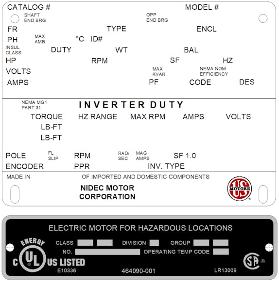 Figure 2: Example of an inverter duty motor nameplate template that Nidec uses at manufacture to fill in specifications such as speed range.