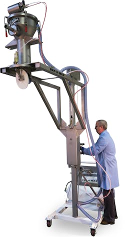 Mobile vacuum conveying systems do not occupy permanent floor space or require overhead installation and can be easily brought down to floor level for maintenance and cleaning. Mobile vacuum conveying systems do not occupy permanent floor space or require overhead installation and can be easily brought down to floor level for maintenance and cleaning.