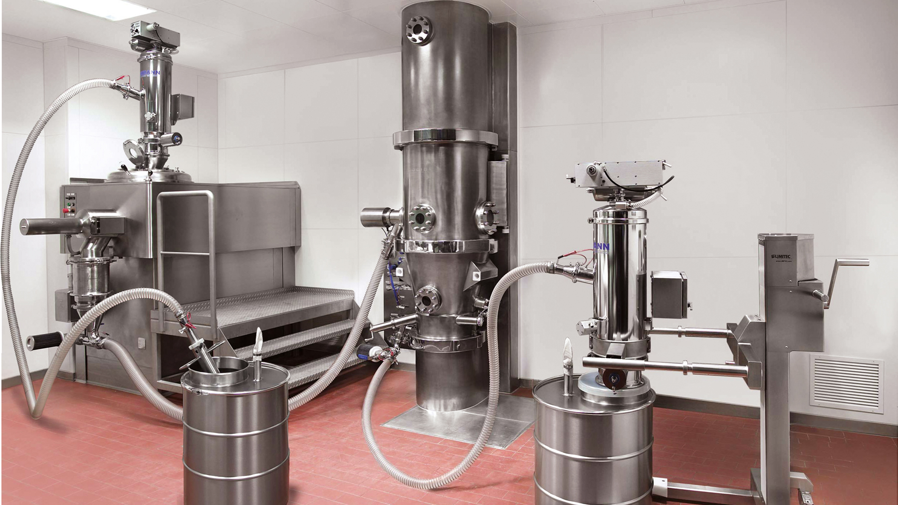 Pneumatic vacuum conveying systems like the one shown in stainless steel from Volkmann are often used to transfer multiple materials and ingredients from different pickup points due to their designed-in cleanability for fast changeovers.