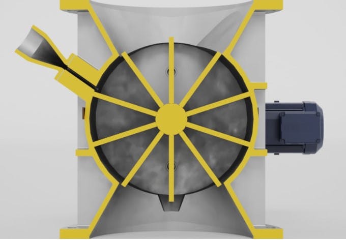 A rotary valve has rotating vanes inside a circular cavity with a material inlet at the top and a material outlet at the bottom, allowing a fixed volume of material to fill the spaces between adjacent vanes and enter the conveying system.