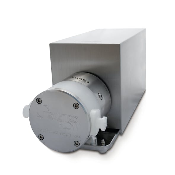 Quattroflow single-use pumps are available in a variety of sizes. Pictured is the QF1200 Series single use pump, which is also available in a compact version with an integrated controller and high turndown ratio.