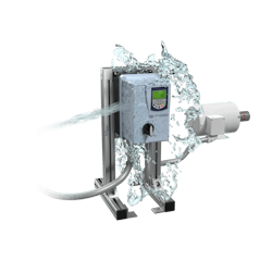 Figure 3: Many industrial motor control applications, regardless of whether they are wet locations, can benefit from an electrical and control functionality standpoint by installing a compact standalone washdown-rated VFD local to the motor. Figure 3: Many industrial motor control applications, regardless of whether they are wet locations, can benefit from an electrical and control functionality standpoint by installing a compact standalone washdown-rated VFD local to the motor.