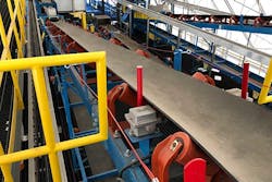 A troughed belt conveyor has angled idlers that create a “trough” to contain material on the belt during conveying. A troughed belt conveyor has angled idlers that create a “trough” to contain material on the belt during conveying.