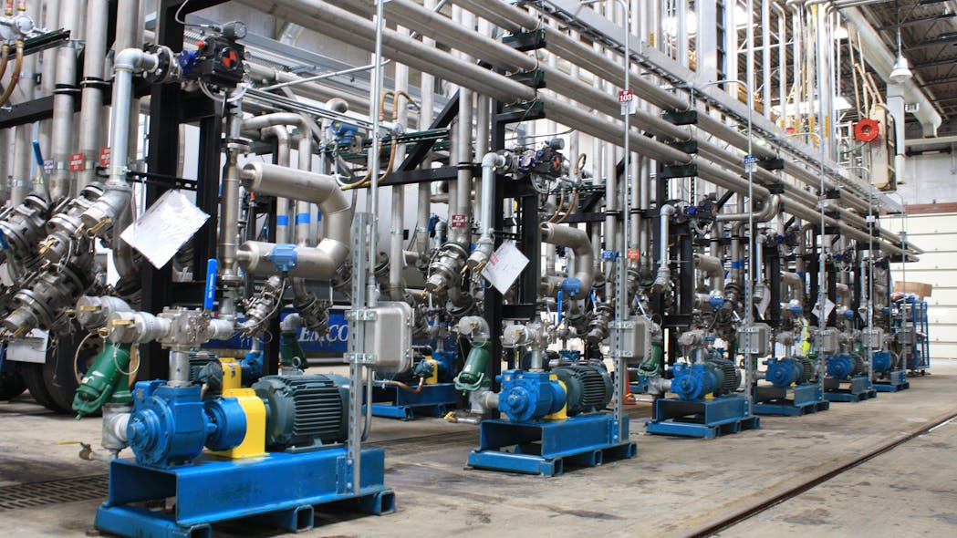 A number of Blackmer 74 GX Series Sliding Vane Pumps in operation at a chemical facility.