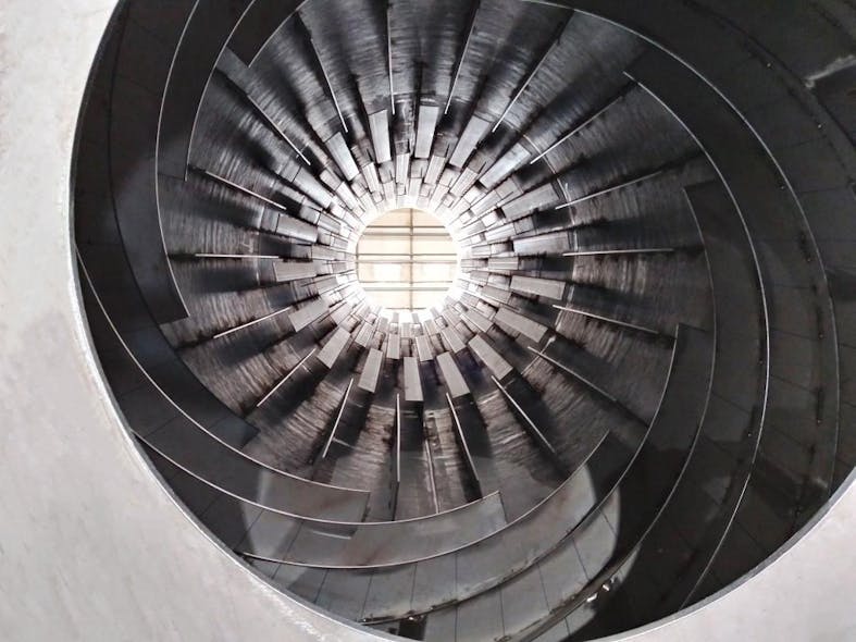 Three different flight designs, including advancing flights (spiraled), can be seen in this rotary dryer.