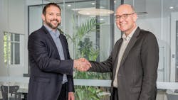 Mark Norwell, Managing Director and CEO, Perenti (right) met with Joachim Braun, Division President, Process Industries, ABB to sign the companies' agreement. Mark Norwell, Managing Director and CEO, Perenti (right) met with Joachim Braun, Division President, Process Industries, ABB to sign the companies' agreement.