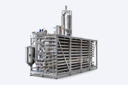 An HRS MI Series heat exchanger is used to cool the processed material after direct steam injection. An HRS MI Series heat exchanger is used to cool the processed material after direct steam injection.