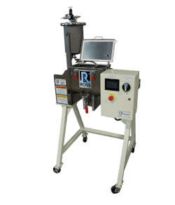 Custom-built Ross Model 42N-1/2S sanitary ribbon blender, with a maximum working capacity of 0.5 ft3, processes free-flowing materials with bulk densities up to approximately 64 lb/ft3 and features a pressure feed vessel that ensures complete discharge of the liquid component through a spray bar and into the blending zone. Custom-built Ross Model 42N-1/2S sanitary ribbon blender, with a maximum working capacity of 0.5 ft3, processes free-flowing materials with bulk densities up to approximately 64 lb/ft3 and features a pressure feed vessel that ensures complete discharge of the liquid component through a spray bar and into the blending zone.