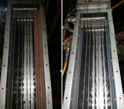 In this NPK fertilizer application, the image on the left shows caking in two flow channels due to inadequate air distribution. The image on the right shows a clean set of banks once air was properly distributed in the unit. In this NPK fertilizer application, the image on the left shows caking in two flow channels due to inadequate air distribution. The image on the right shows a clean set of banks once air was properly distributed in the unit.
