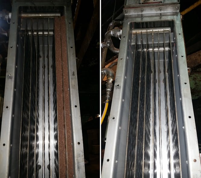 In this NPK fertilizer application, the image on the left shows caking in two flow channels due to inadequate air distribution. The image on the right shows a clean set of banks once air was properly distributed in the unit.