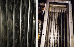 In this green sand application, the image on the left shows caking on the plates that had to be scraped off. The image on the right shows the plates once the material’s moisture content was better controlled with the addition of small amounts of purge air. In this green sand application, the image on the left shows caking on the plates that had to be scraped off. The image on the right shows the plates once the material’s moisture content was better controlled with the addition of small amounts of purge air.