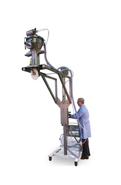 A mobile vacuum conveying system conveys material from the floor up and over processing or packaging equipment. The vacuum receiver is easily lowered to floor level for easy sanitation. A mobile vacuum conveying system conveys material from the floor up and over processing or packaging equipment. The vacuum receiver is easily lowered to floor level for easy sanitation.