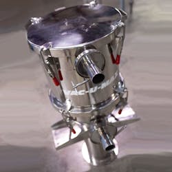 Stainless-steel tube hopper vacuum receiver features a straight-sided discharge hopper for fast efficient handling of non-free flowing materials.