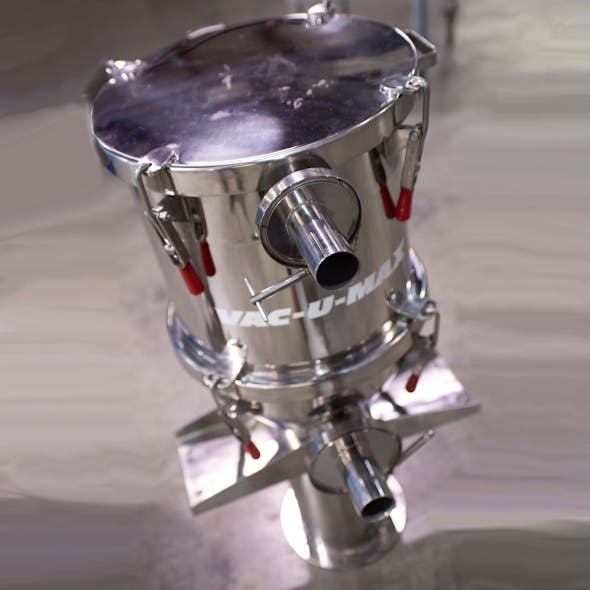 Stainless-steel tube hopper vacuum receiver features a straight-sided discharge hopper for fast efficient handling of non-free flowing materials.