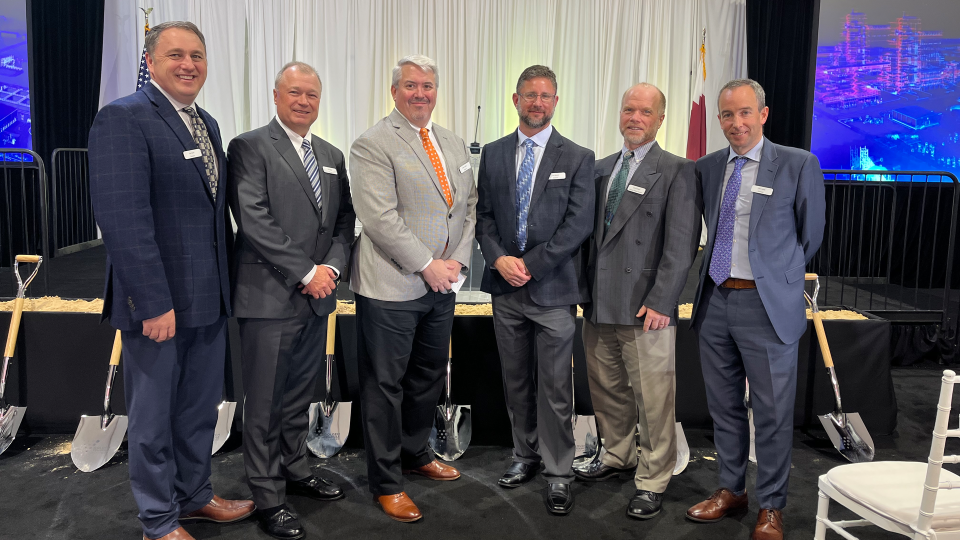 As lead automation supplier, Emerson joined the Golden Triangle Polymers Project groundbreaking, a Chevron Phillips Chemical and QatarEnergy joint venture. Pictured from left to right are Joe Herink, president and CEO of Scallon Controls, Ron Martin, president Americas for Emerson&rsquo;s global sales, Keven Dunphy, vice president and general manager of Emerson&rsquo;s measurement solutions business, Ron Mitchel, project director for the Golden Triangle Project with Emerson&rsquo;s process systems and solutions business, Dave Godard, project director of the Golden Triangle Project for Chevron Phillips Chemical and Liam Hurley, vice president North America for Emerson&rsquo;s process systems and solutions business.