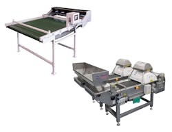 WECO WalnutTek hulling line walnut sorter (upper left) and Multiscan S30W in-shell line walnut sorter (lower right). WECO WalnutTek hulling line walnut sorter (upper left) and Multiscan S30W in-shell line walnut sorter (lower right).