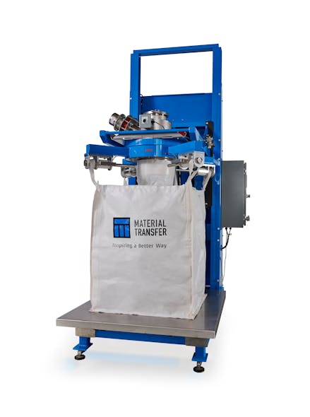 This bulk bag filler features a fill head with an inflatable spout seal, providing a secure connection to the bulk bag&apos;s fill spout for dust-free filling.