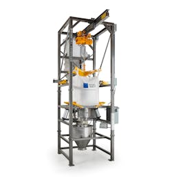 This bulk bag discharger's bag spout access chamber has compression seals to ensure a dust-tight seal during material discharge. This bulk bag discharger's bag spout access chamber has compression seals to ensure a dust-tight seal during material discharge.