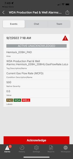 WIN-911 mobile app showing an active alarm prior to acknowledgment. WIN-911 mobile app showing an active alarm prior to acknowledgment.