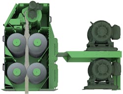 Figure 5: To eliminate accumulation in the nip of the top rolls, open the top pair of rolls slightly, then close the bottom rolls to obtain the desired finished particle size. Figure 5: To eliminate accumulation in the nip of the top rolls, open the top pair of rolls slightly, then close the bottom rolls to obtain the desired finished particle size.