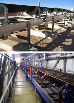 An overland conveyor frame may be split into multiple sections (top), while a conventional conveyor uses a solid single frame (bottom).