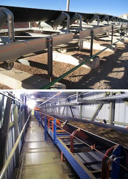 An overland conveyor frame may be split into multiple sections (top), while a conventional conveyor uses a solid single frame (bottom). An overland conveyor frame may be split into multiple sections (top), while a conventional conveyor uses a solid single frame (bottom).