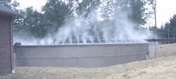 Figure 3: An Ecosorb high-pressure atomization system neutralizes odors in a primary clarifier outside a food manufacturing facility. Figure 3: An Ecosorb high-pressure atomization system neutralizes odors in a primary clarifier outside a food manufacturing facility.