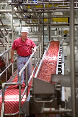 Vibratory conveyors move tacky, sweetened dried cranberries at an incline of almost 10 degrees.