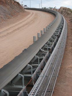 This overland belt conveyor is curved to follow the terrain. This overland belt conveyor is curved to follow the terrain.