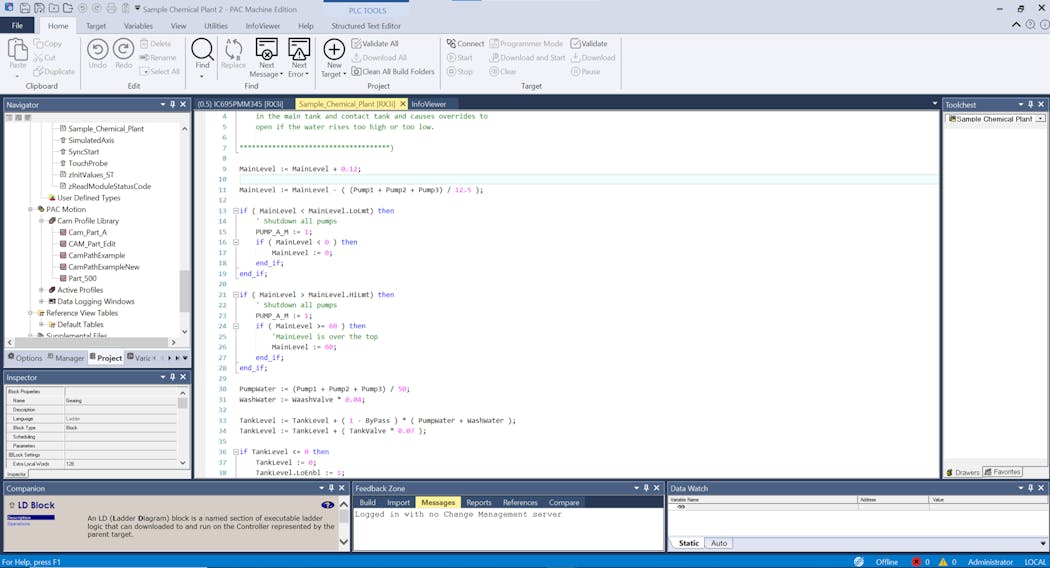 Figure 3: Instead of forcing developers and maintenance personnel to learn and work with multiple different software packages, the Emerson PAC Machine Edition provides a single common toolset for working with PLCs and motor/motion products and transporting data among them.