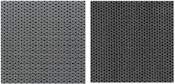 Figure 3: Open area comparison. Left: 1/8-inch hole on ¼-inch centers, 23% open area. Right: 1/8-inch hole on 3/16-inch centers, 40% open area. Figure 3: Open area comparison. Left: 1/8-inch hole on ¼-inch centers, 23% open area. Right: 1/8-inch hole on 3/16-inch centers, 40% open area.