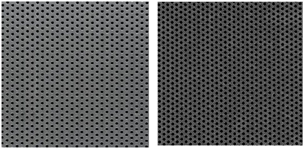 Figure 3: Open area comparison. Left: 1/8-inch hole on &frac14;-inch centers, 23% open area. Right: 1/8-inch hole on 3/16-inch centers, 40% open area.