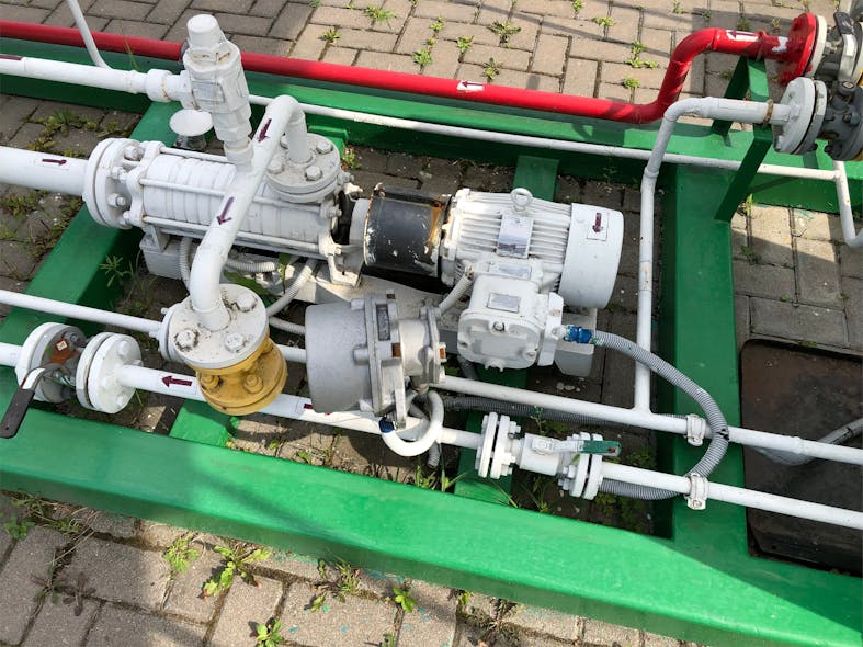 A side-channel pump installation. Side-channel pumps share many attributes with regenerative turbine pumps, but have more wear parts, complex designs and more space to function effectively.