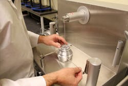 Figure 2: Test equipment used to measure bulk solids flow properties: Schulze ring shear tester (left), high-temperature shear tester (center), material sparing segregation tester (sifting, fluidization) (right). Figure 2: Test equipment used to measure bulk solids flow properties: Schulze ring shear tester (left), high-temperature shear tester (center), material sparing segregation tester (sifting, fluidization) (right).